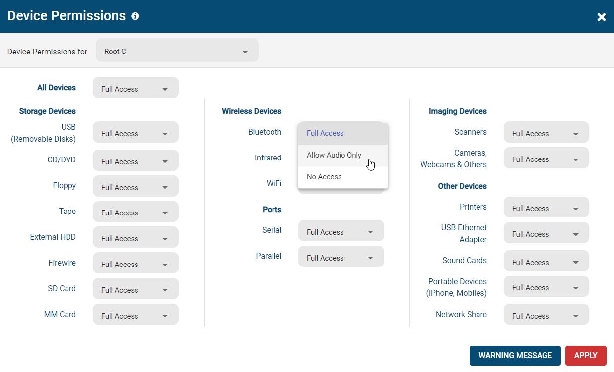 Screenshot of AccessPatrol's peripheral device permissions window with "Allow bluetooth audio only" selected