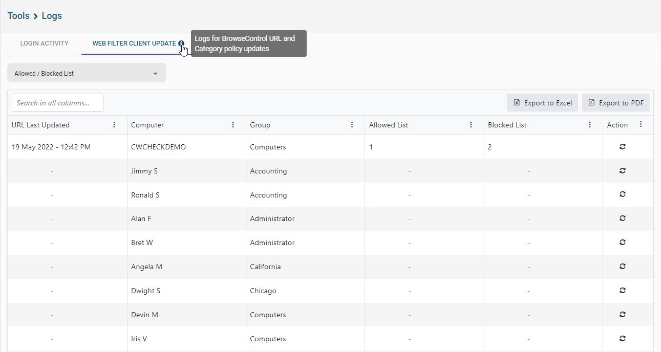 BrowseControl's web filter client update log with an entry showing 1 entry added to the allowed list and 2 added to the blocked list on May 19th at 12:42pm