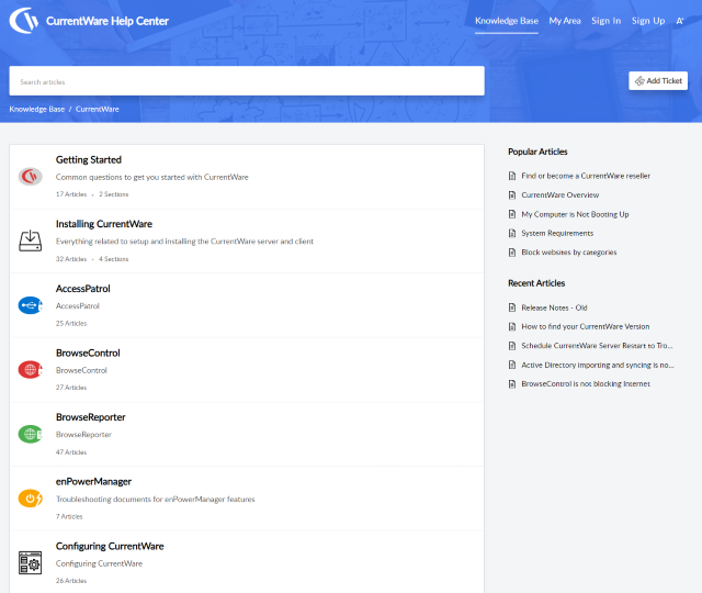 Screenshot of CurrentWare's knowledge base